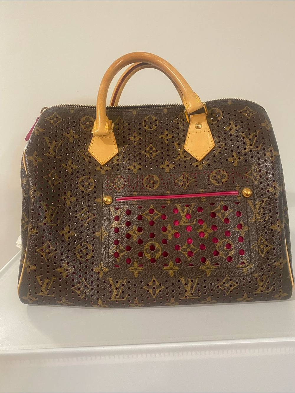 Louis Vuitton Speedy Perforated Monogram Satchel Bag in Brown with Pink Accents